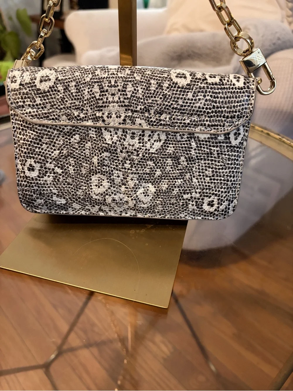 Tory Burch Black and White Snake-Print Crossbody with Gold Chain